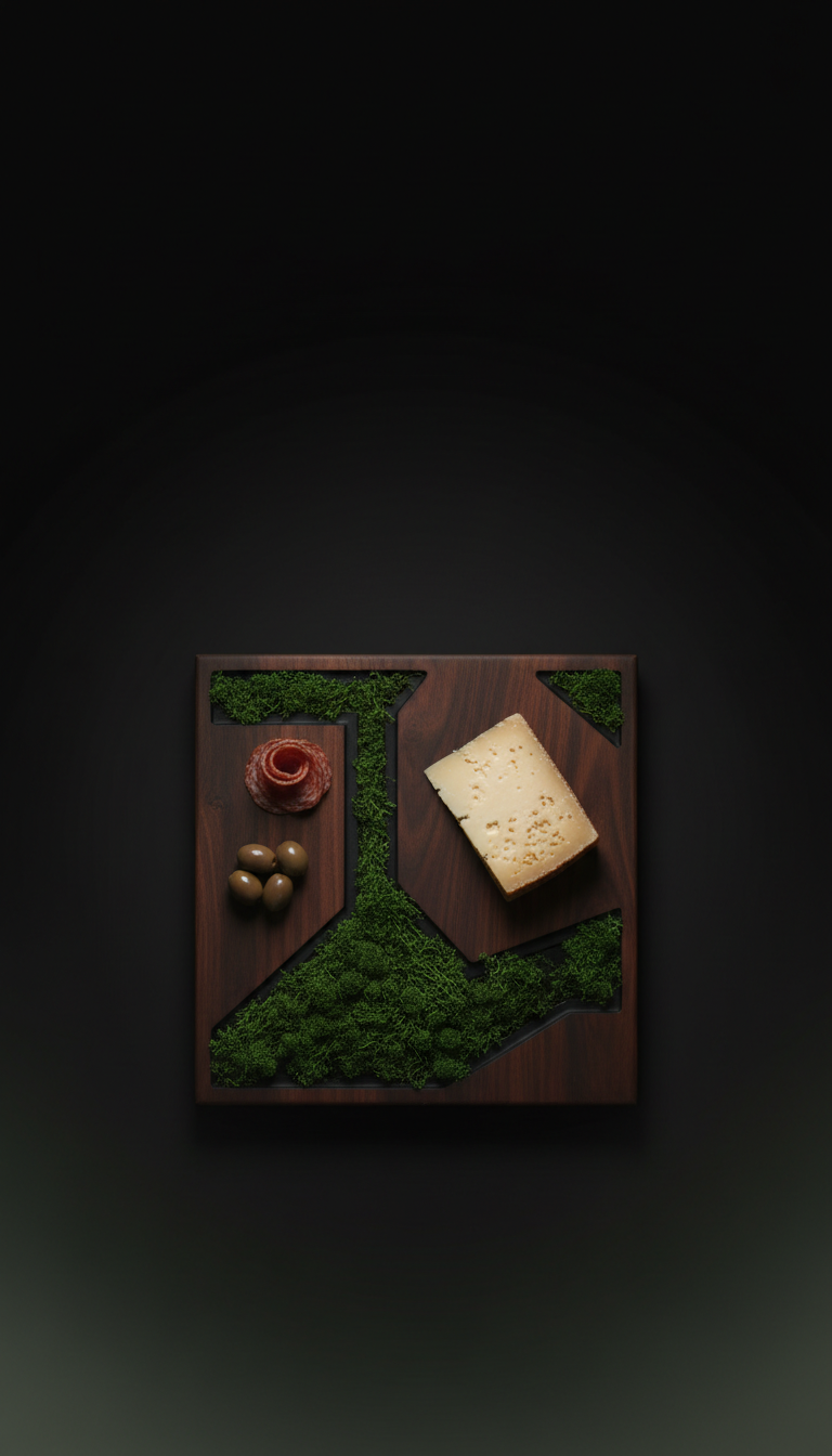 Mahogany charcuterie board with inlaid moss detail